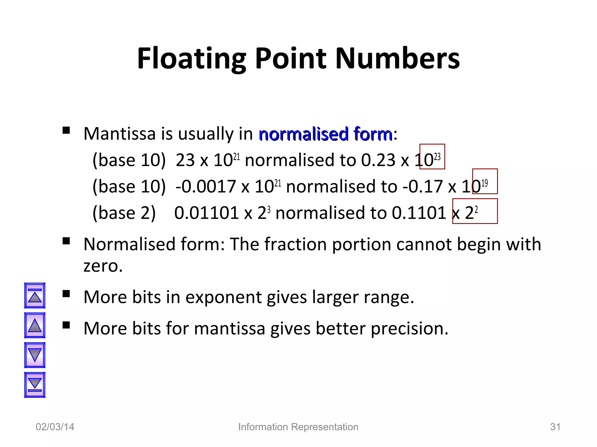Floating Point Numbers
 Mantissa is usually in normalised form:
form
(base 10) 23 x 1021 normalised to 0.23 x 1023
(base 10) -0.0017 x 1021 normalised to -0.17 x 1019
(base 2) 0.01101 x 23 normalised to 0.1101 x 22

 Normalised form: The fraction portion cannot begin with
zero.

 More bits in exponent gives larger range.
 More bits for mantissa gives better precision.

02/03/14

Information Representation

31

 