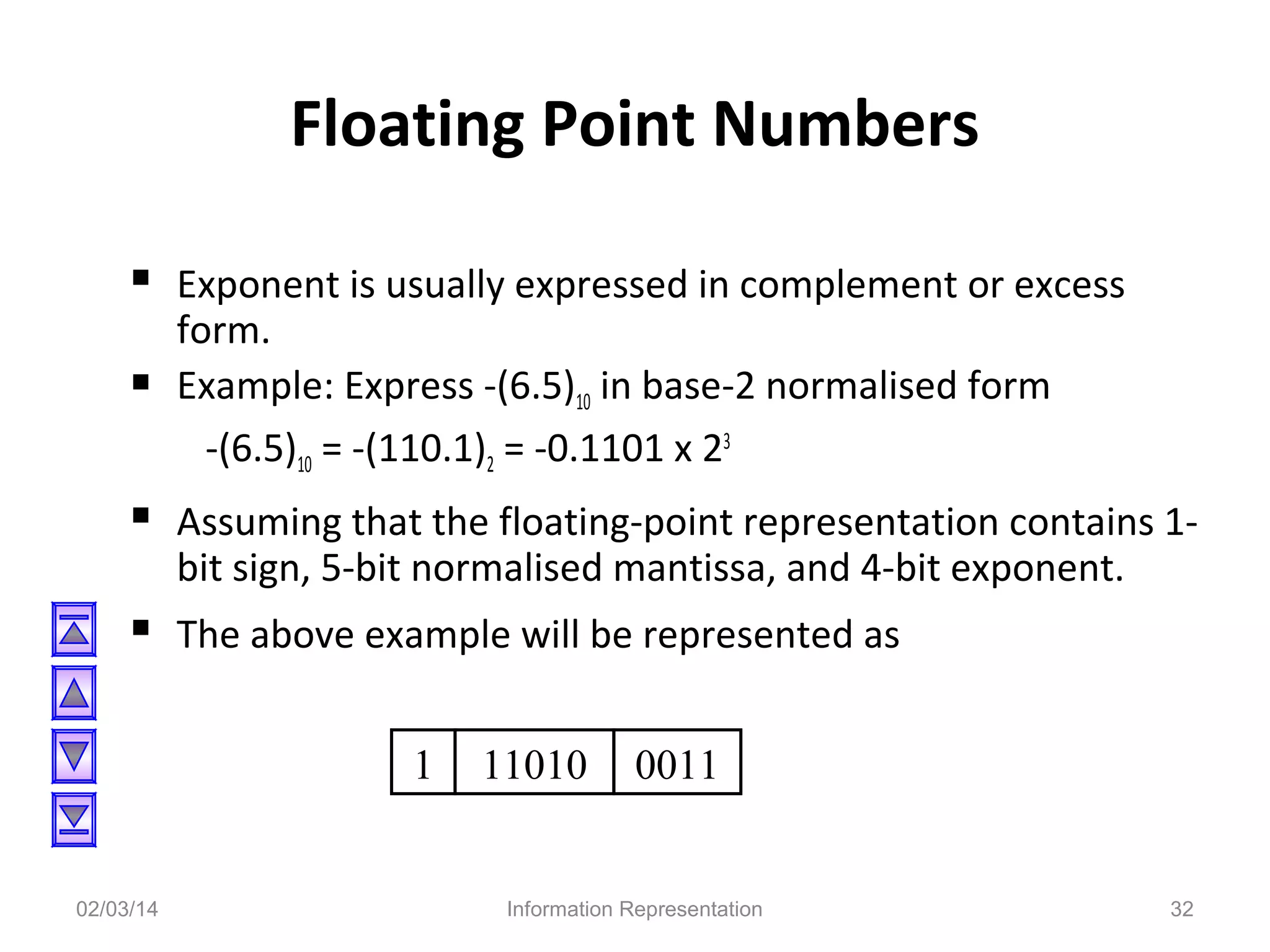 Floating Point Numbers
 Exponent is usually expressed in complement or excess


form.
Example: Express -(6.5)10 in base-2 normalised form
-(6.5)10 = -(110.1)2 = -0.1101 x 23

 Assuming that the floating-point representation contains 1bit sign, 5-bit normalised mantissa, and 4-bit exponent.

 The above example will be represented as
1

02/03/14

11010

0011

Information Representation

32

 