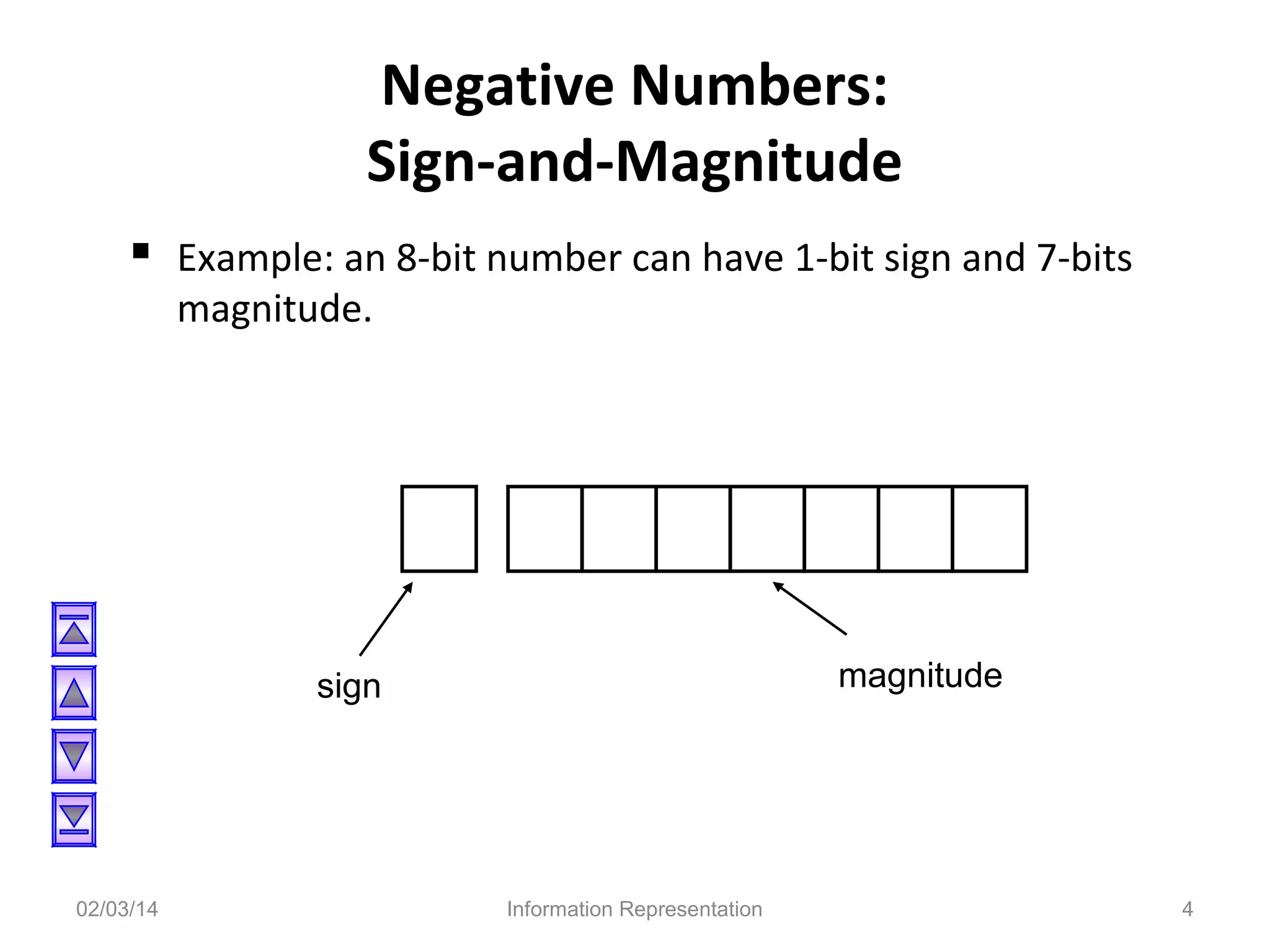 Negative Numbers:
Sign-and-Magnitude
 Example: an 8-bit number can have 1-bit sign and 7-bits
magnitude.

magnitude

sign

02/03/14

Information Representation

4

 