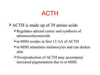 ACTH
 ACTH is made up of 39 amino acids
Regulates adrenal cortex and synthesis of
adrenocorticosteroids
α-MSH resides in first 13 AA of ACTH
α-MSH stimulates melanocytes and can darken
skin
Overproduction of ACTH may accompany
increased pigmentation due to α-MSH.

 