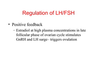Regulation of LH/FSH
• Positive feedback
– Estradiol at high plasma concentrations in late
follicular phase of ovarian cycle stimulates
GnRH and LH surge– triggers ovulation

 
