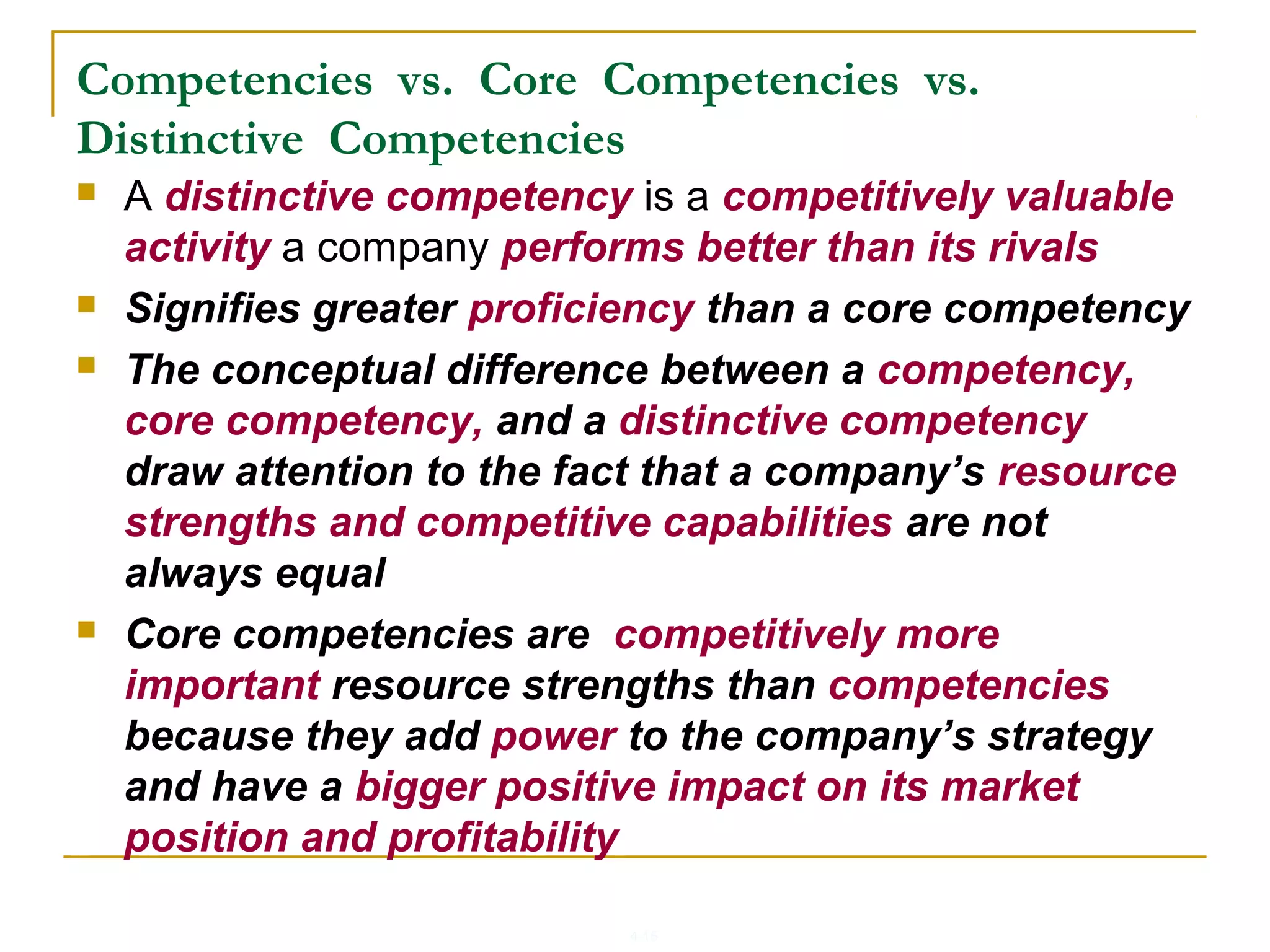 4-15
Competencies vs. Core Competencies vs.
Distinctive Competencies
 A distinctive competency is a competitively valuable
activity a company performs better than its rivals
 Signifies greater proficiency than a core competency
 The conceptual difference between a competency,
core competency, and a distinctive competency
draw attention to the fact that a company’s resource
strengths and competitive capabilities are not
always equal
 Core competencies are competitively more
important resource strengths than competencies
because they add power to the company’s strategy
and have a bigger positive impact on its market
position and profitability
 