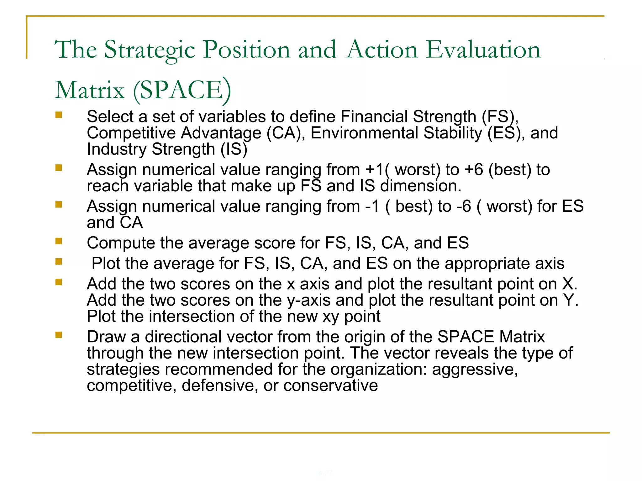 4-27
The Strategic Position and Action Evaluation
Matrix (SPACE)
 Select a set of variables to define Financial Strength (FS),
Competitive Advantage (CA), Environmental Stability (ES), and
Industry Strength (IS)
 Assign numerical value ranging from +1( worst) to +6 (best) to
reach variable that make up FS and IS dimension.
 Assign numerical value ranging from -1 ( best) to -6 ( worst) for ES
and CA
 Compute the average score for FS, IS, CA, and ES
 Plot the average for FS, IS, CA, and ES on the appropriate axis
 Add the two scores on the x axis and plot the resultant point on X.
Add the two scores on the y-axis and plot the resultant point on Y.
Plot the intersection of the new xy point
 Draw a directional vector from the origin of the SPACE Matrix
through the new intersection point. The vector reveals the type of
strategies recommended for the organization: aggressive,
competitive, defensive, or conservative
 