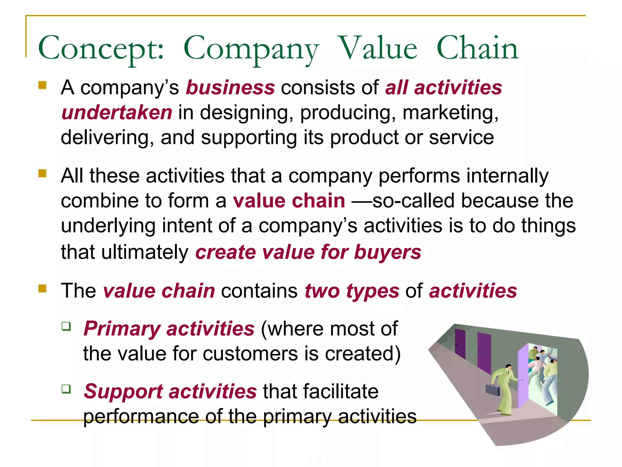 4-35
 A company’s business consists of all activities
undertaken in designing, producing, marketing,
delivering, and supporting its product or service
 All these activities that a company performs internally
combine to form a value chain —so-called because the
underlying intent of a company’s activities is to do things
that ultimately create value for buyers
 The value chain contains two types of activities
 Primary activities (where most of
the value for customers is created)
 Support activities that facilitate
performance of the primary activities
Concept: Company Value Chain
 
