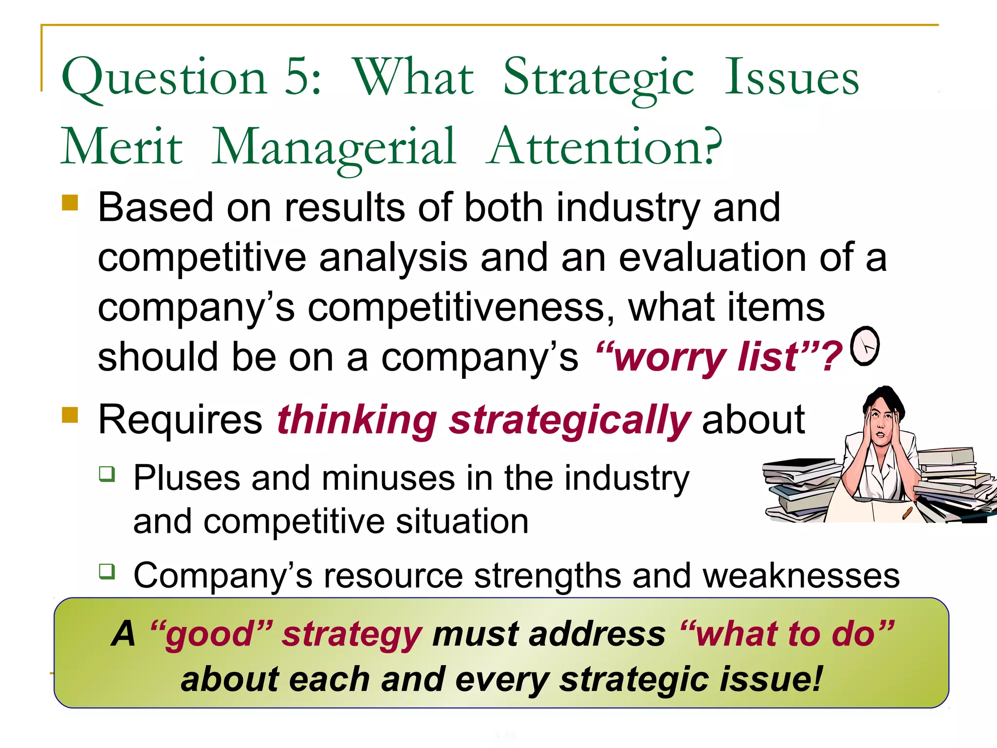 4-55
 Based on results of both industry and
competitive analysis and an evaluation of a
company’s competitiveness, what items
should be on a company’s “worry list”?
 Requires thinking strategically about
 Pluses and minuses in the industry
and competitive situation
 Company’s resource strengths and weaknesses
and attractiveness of its competitive positionA “good” strategy must address “what to do”
about each and every strategic issue!
Question 5: What Strategic Issues
Merit Managerial Attention?
 
