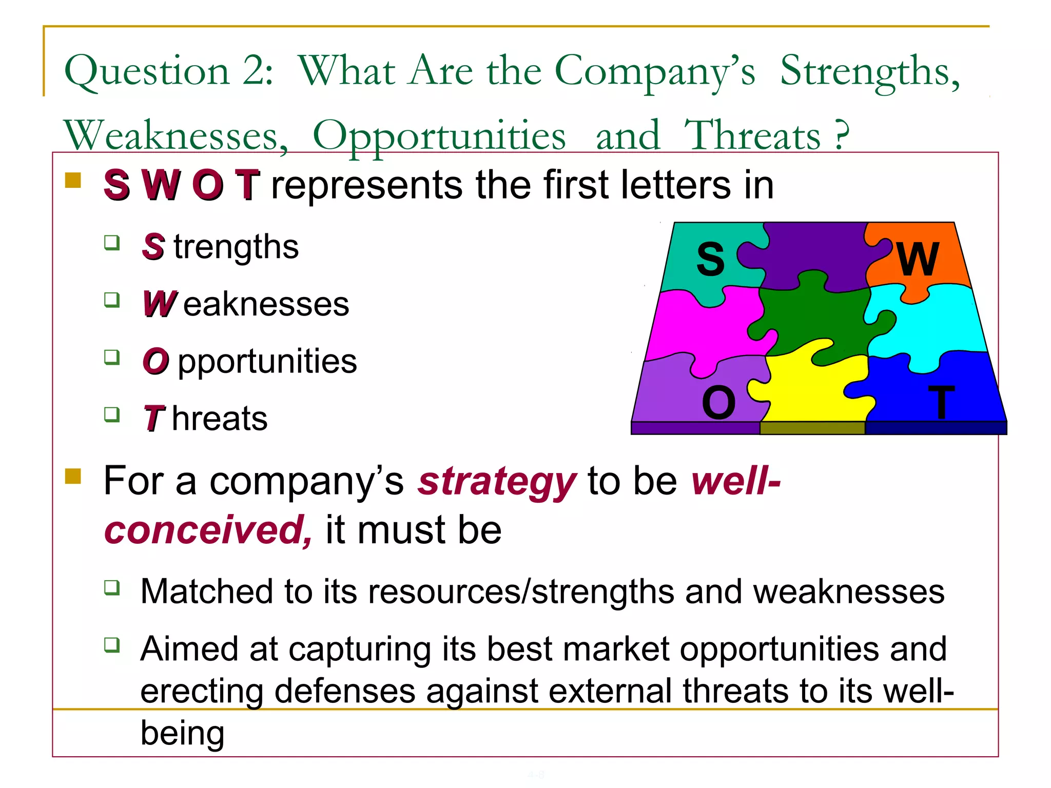 4-8
 S W O TS W O T represents the first letters in
 SS trengths
 WW eaknesses
 OO pportunities
 TT hreats
 For a company’s strategy to be well-
conceived, it must be
 Matched to its resources/strengths and weaknesses
 Aimed at capturing its best market opportunities and
erecting defenses against external threats to its well-
being
S W
O T
Question 2: What Are the Company’s Strengths,
Weaknesses, Opportunities and Threats ?
 