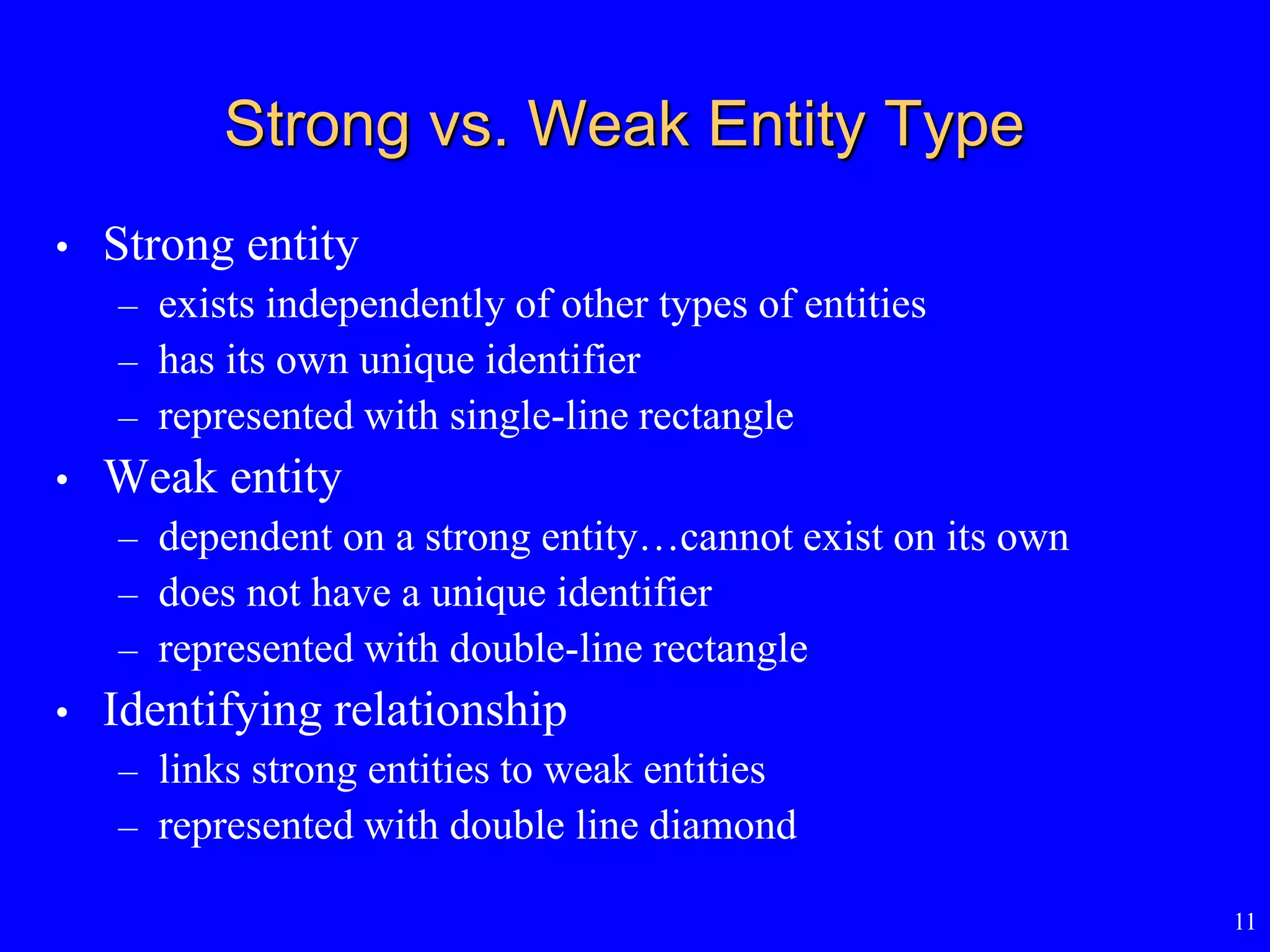 11
Strong vs. Weak Entity Type
• Strong entity
– exists independently of other types of entities
– has its own unique identifier
– represented with single-line rectangle
• Weak entity
– dependent on a strong entity…cannot exist on its own
– does not have a unique identifier
– represented with double-line rectangle
• Identifying relationship
– links strong entities to weak entities
– represented with double line diamond
 