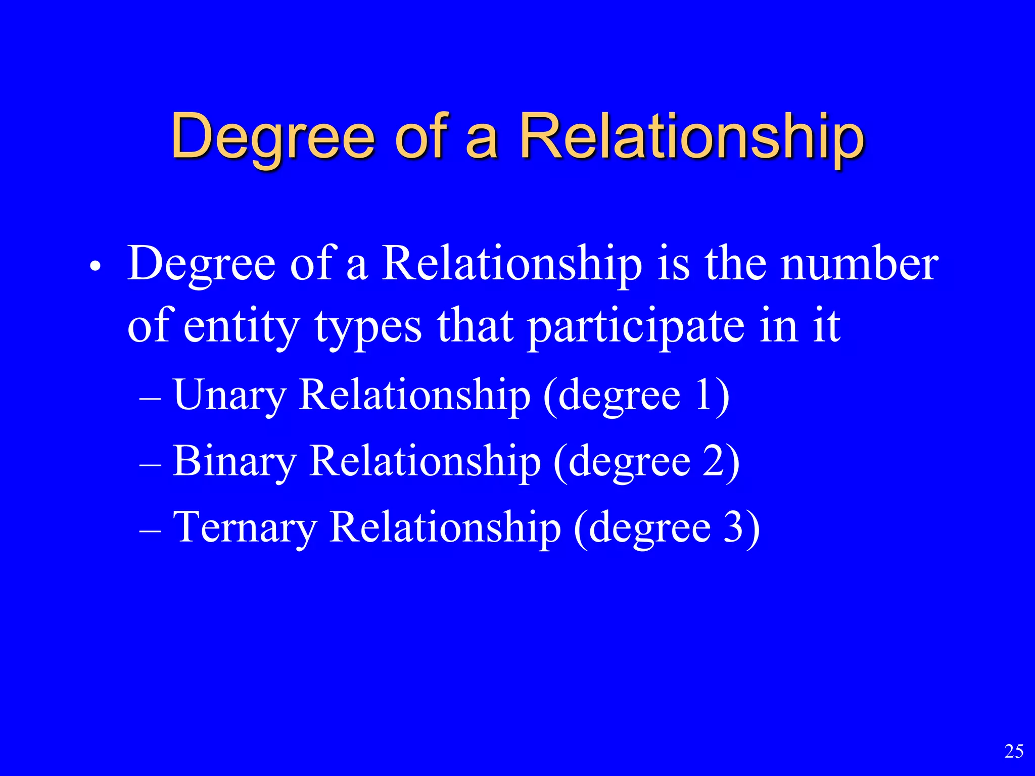 25
Degree of a Relationship
• Degree of a Relationship is the number
of entity types that participate in it
– Unary Relationship (degree 1)
– Binary Relationship (degree 2)
– Ternary Relationship (degree 3)
 