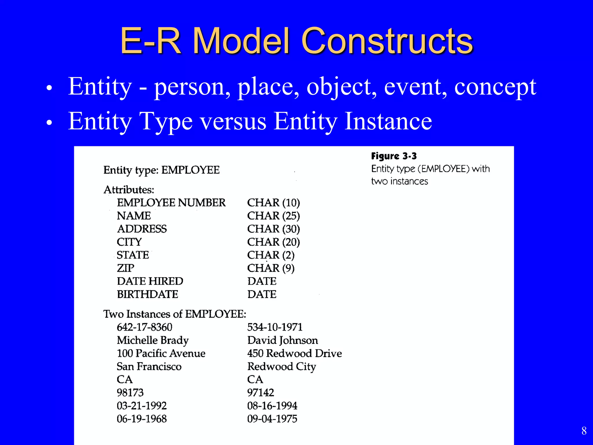 8
E-R Model Constructs
• Entity - person, place, object, event, concept
• Entity Type versus Entity Instance
 