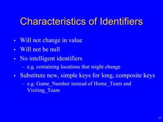 17
Characteristics of Identifiers
• Will not change in value
• Will not be null
• No intelligent identifiers
– e.g. containing locations that might change
• Substitute new, simple keys for long, composite keys
– e.g. Game_Number instead of Home_Team and
Visiting_Team
 