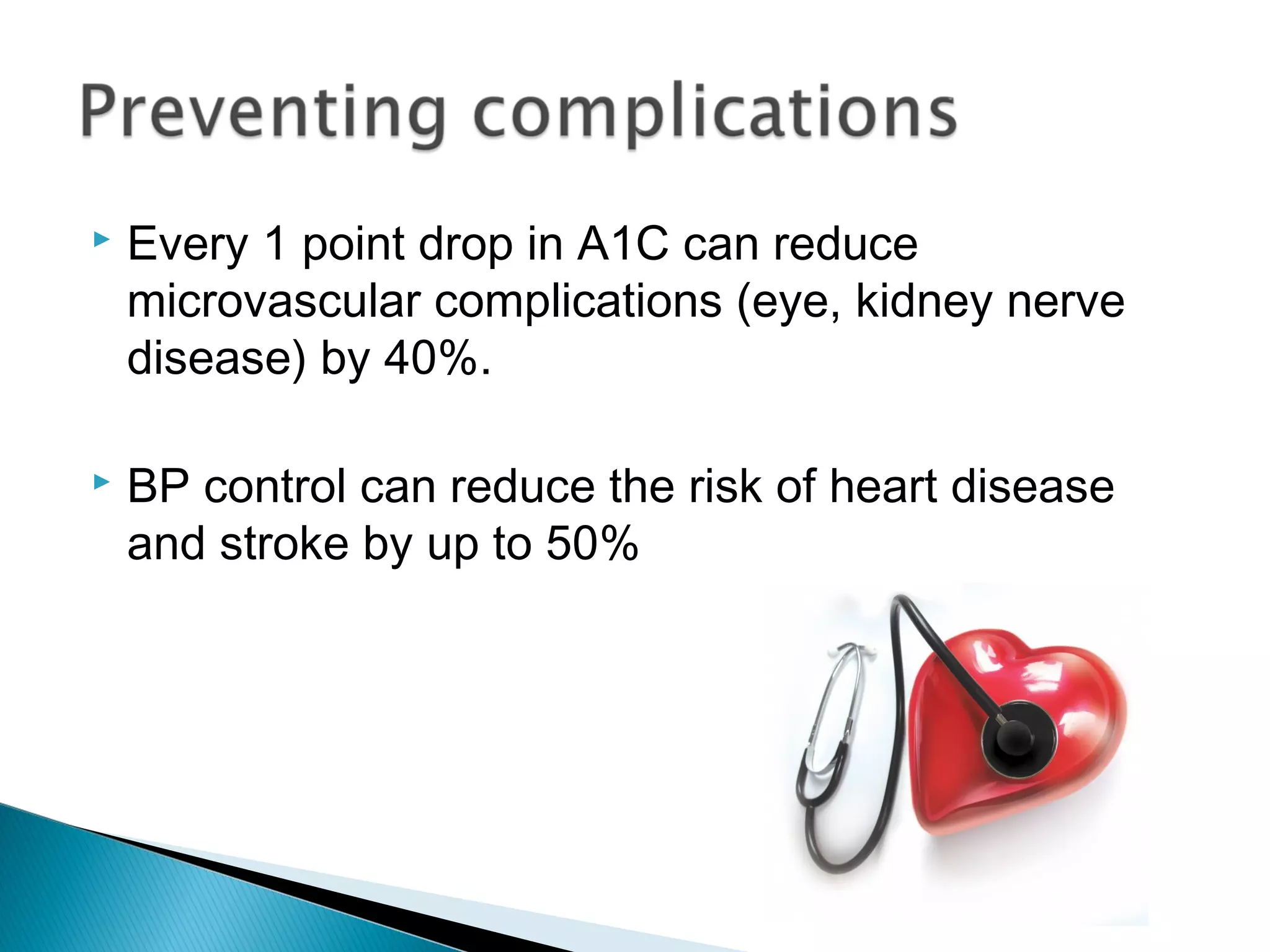  Every 1 point drop in A1C can reduce
microvascular complications (eye, kidney nerve
disease) by 40%.
 BP control can reduce the risk of heart disease
and stroke by up to 50%
 