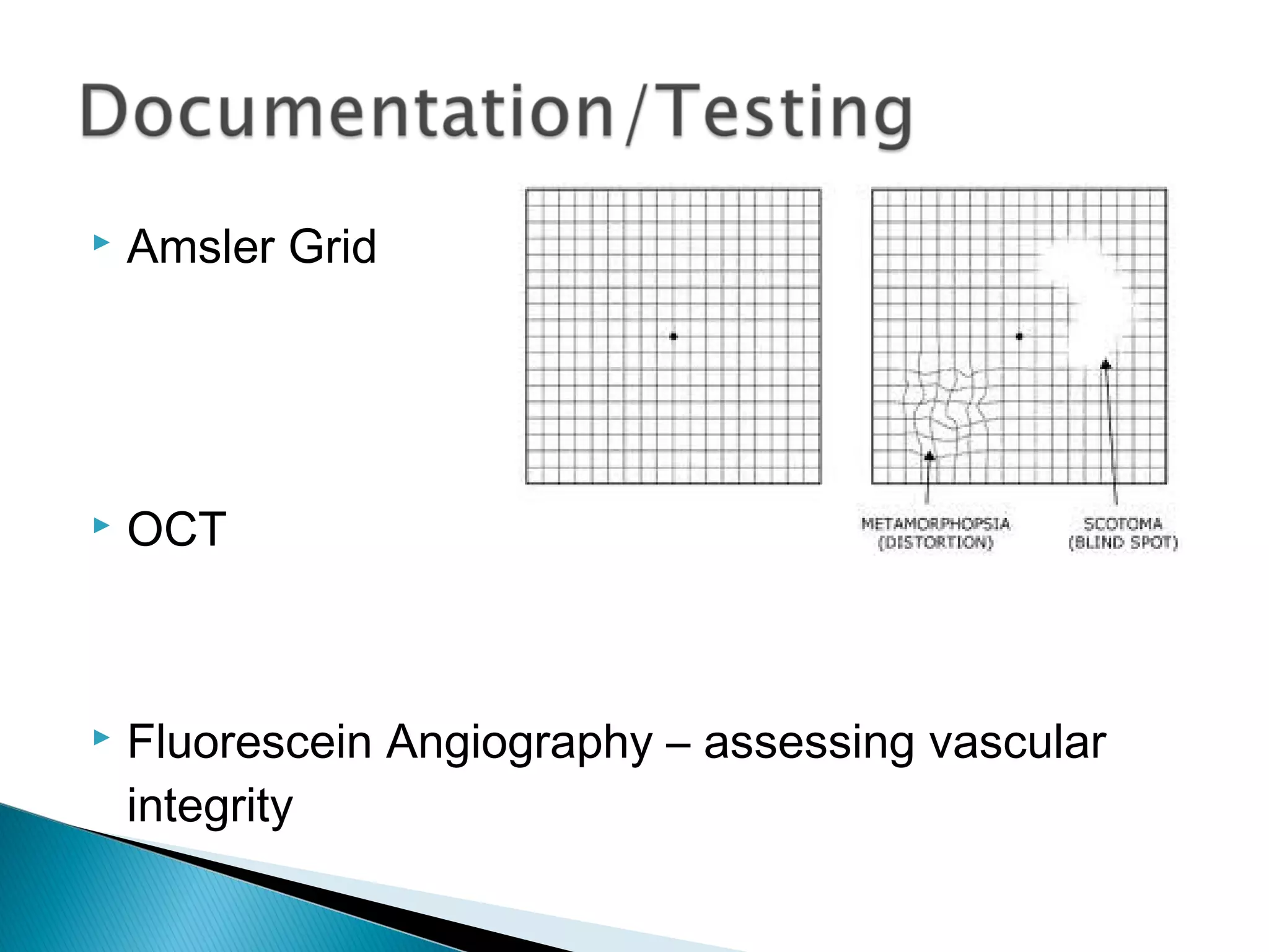  Amsler Grid
 OCT
 Fluorescein Angiography – assessing vascular
integrity
 