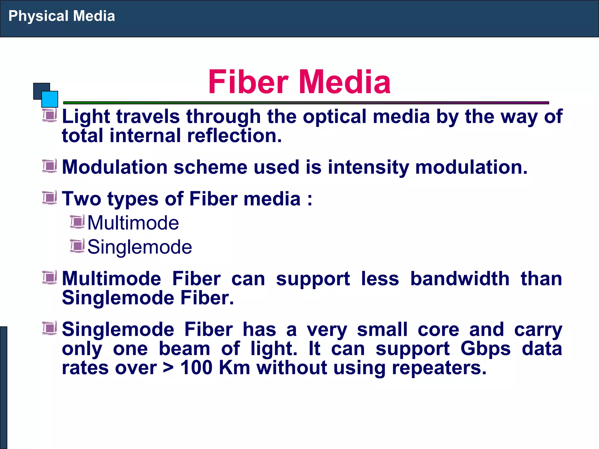 Fiber Media 
Physical Media 
Light travels through the optical media by the way of 
total internal reflection. 
Modulation scheme used is intensity modulation. 
Two types of Fiber media : 
Multimode 
Singlemode 
Multimode Fiber can support less bandwidth than 
Singlemode Fiber. 
Singlemode Fiber has a very small core and carry 
only one beam of light. It can support Gbps data 
rates over > 100 Km without using repeaters. 
 
