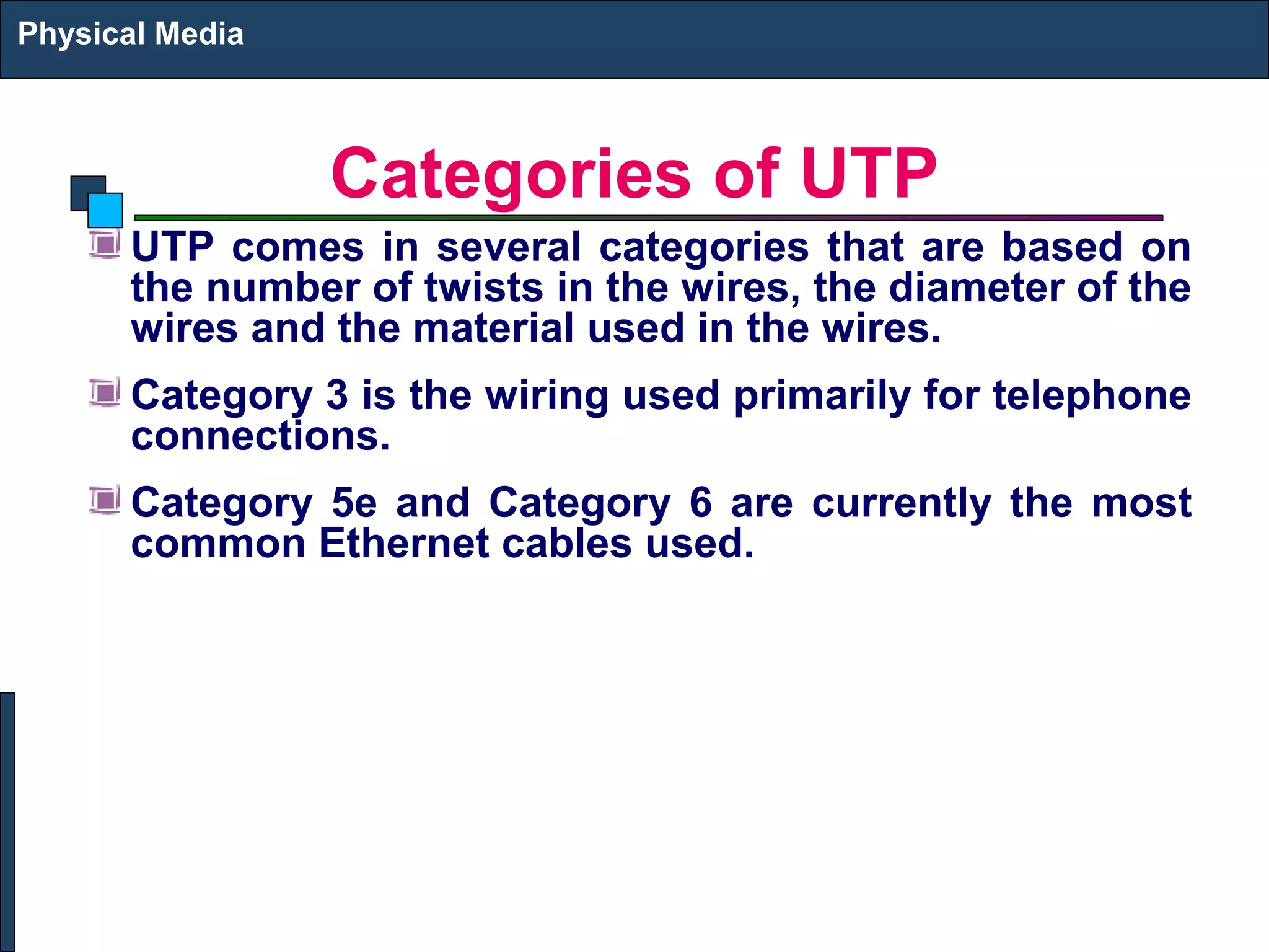 Categories of UTP 
Physical Media 
UTP comes in several categories that are based on 
the number of twists in the wires, the diameter of the 
wires and the material used in the wires. 
Category 3 is the wiring used primarily for telephone 
connections. 
Category 5e and Category 6 are currently the most 
common Ethernet cables used. 
 
