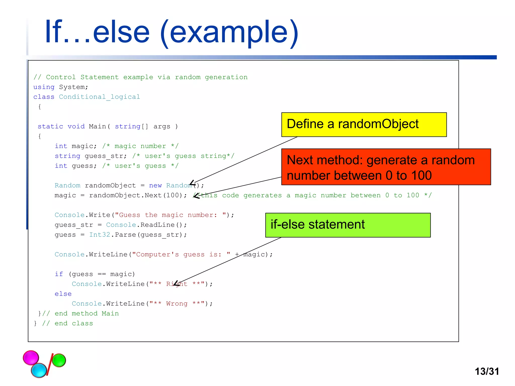 If…else (example) 
// Control Statement example via random generation 
using System; 
class Conditional_logical 
{ 
static void Main( string[] args ) 
{ 
int magic; /* magic number */ 
string guess_str; /* user's guess string*/ 
int guess; /* user's guess */ 
Random randomObject = new Random(); 
magic = randomObject.Next(100); //this code generates a magic number between 0 to 100 */ 
Console.Write("Guess the magic number: "); 
guess_str = Console.ReadLine(); 
guess = Int32.Parse(guess_str); 
Console.WriteLine("Computer's guess is: " + magic); 
if (guess == magic) 
Console.WriteLine("** Right **"); 
else 
Console.WriteLine("** Wrong **"); 
}// end method Main 
} // end class 
13/31 
Define a randomObject 
Next method: generate a random 
number between 0 to 100 
if-else statement 
 