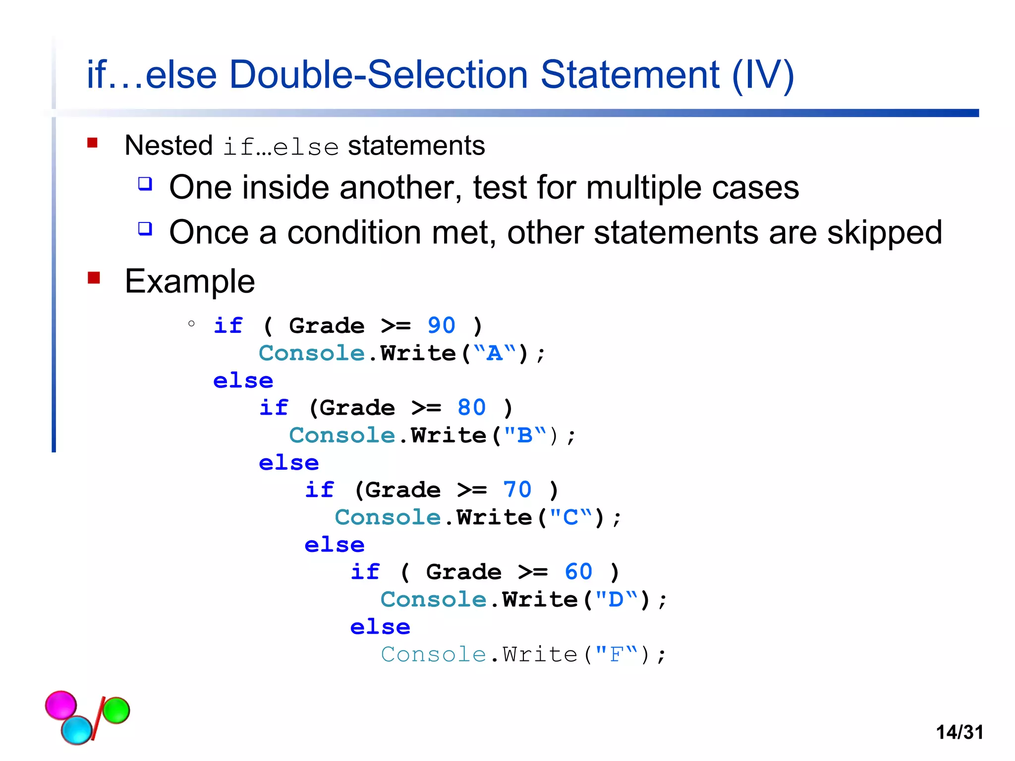 if…else Double-Selection Statement (IV) 
 Nested if…else statements 
 One inside another, test for multiple cases 
 Once a condition met, other statements are skipped 
 Example 
o if ( Grade >= 90 ) 
Console.Write(“A“); 
else 
if (Grade >= 80 ) 
Console.Write("B“); 
else 
if (Grade >= 70 ) 
Console.Write("C“); 
else 
if ( Grade >= 60 ) 
Console.Write("D“); 
else 
Console.Write("F“); 
14/31 
 