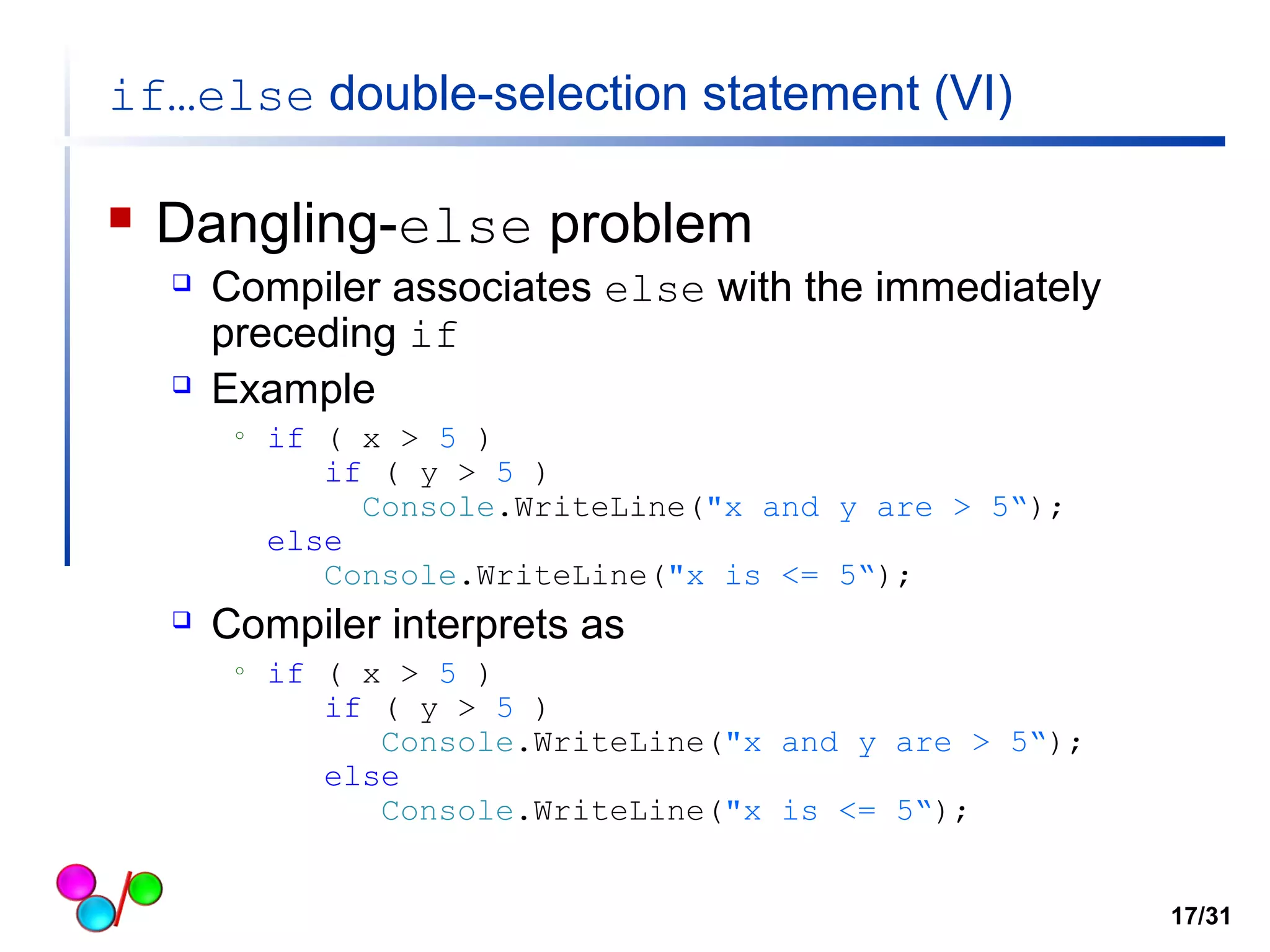 if…else double-selection statement (VI) 
 Dangling-else problem 
 Compiler associates else with the immediately 
preceding if 
 Example 
o if ( x > 5 ) 
if ( y > 5 ) 
Console.WriteLine("x and y are > 5“); 
else 
Console.WriteLine("x is <= 5“); 
 Compiler interprets as 
o if ( x > 5 ) 
if ( y > 5 ) 
Console.WriteLine("x and y are > 5“); 
else 
Console.WriteLine("x is <= 5“); 
17/31 
 
