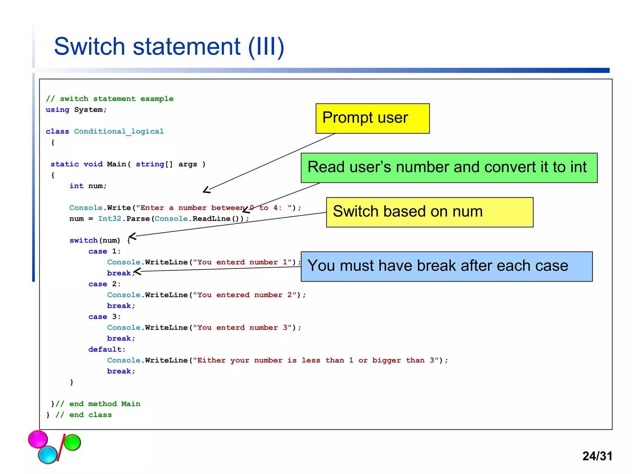 Switch statement (III) 
// switch statement example 
using System; 
class Conditional_logical 
{ 
static void Main( string[] args ) 
{ 
int num; 
Console.Write("Enter a number between 0 to 4: "); 
num = Int32.Parse(Console.ReadLine()); 
switch(num) { 
case 1: 
Console.WriteLine("You enterd number 1"); 
break; 
case 2: 
Console.WriteLine("You entered number 2"); 
break; 
case 3: 
Console.WriteLine("You enterd number 3"); 
break; 
default: 
Console.WriteLine("Either your number is less than 1 or bigger than 3"); 
break; 
} 
}// end method Main 
} // end class 
24/31 
Prompt user 
Read user’s number and convert it to int 
Switch based on num 
You must have break after each case 
 