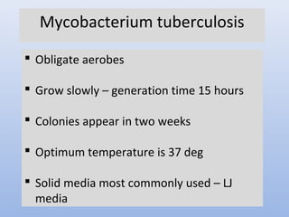 Mycobacterium tuberculosis 
 Obligate aerobes 
 Grow slowly – generation time 15 hours 
 Colonies appear in two weeks 
 Optimum temperature is 37 deg 
 Solid media most commonly used – LJ 
media 
 