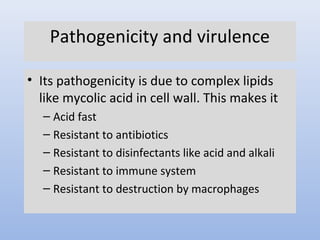 Pathogenicity and virulence 
• Its pathogenicity is due to complex lipids 
like mycolic acid in cell wall. This makes it 
– Acid fast 
– Resistant to antibiotics 
– Resistant to disinfectants like acid and alkali 
– Resistant to immune system 
– Resistant to destruction by macrophages 
 