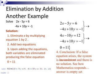 Elimination by Addition 
Another Example 
Solve 2x - 5y = 6 
-4x + 10y = -1 
Solution: 
1. Eliminate x by multiplying 
equation 1 by 2 . 
2. Add two equations 
3. Upon adding the equations, 
both variables are eliminated 
producing the false equation 
0 = 11 
x y 
x y 
x y 
x y 
2 5 6 
4 10 1 
4 10 12 
4 10 1 
0 11 
   
 
 
     
   
 
     
 
4. Conclusion: If a false 
equation arises, the system 
is inconsistent and there is 
no solution. See how 
Mathematica responds… 
answer is empty set 
 