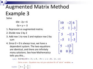 Augmented Matrix Method 
Example 3 
Solve 
10x - 2y = 6 
-5x + y = -3 
1. Represent as augmented matrix. 
2. Divide row 1 by 2 
3. Add row 1 to row 2 and replace row 2 by 
sum 
4. Since 0 = 0 is always true, we have a 
dependent system. The two equations 
are identical, and there are infinitely 
many solutions. See how Mathematica 
tells you this… 
 10  2 6 
 
  
 5 1  3 
 
 5  1 3 
 
  
 5 1  3 
 
 5  1 3 
 
  
 0 0 0 
 
 