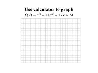 Use calculator to graph
𝑓 𝑥 = 𝑥3
− 11𝑥2
− 32𝑥 + 24
 