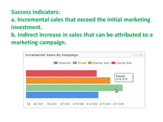 Success indicators:
a. Incremental sales that exceed the initial marketing
investment.
b. Indirect increase in sales that can be attributed to a
marketing campaign.
 