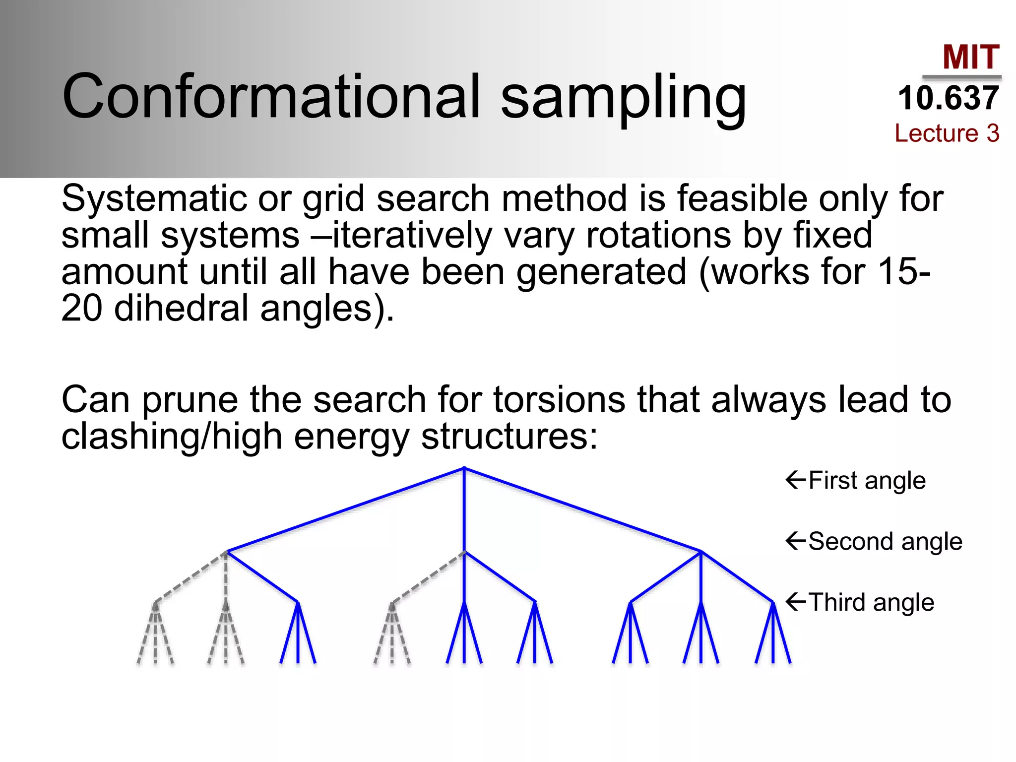 MIT
10.637
Lecture 3
Conformational sampling
Systematic or grid search method is feasible only for
small systems –iteratively vary rotations by fixed
amount until all have been generated (works for 15-
20 dihedral angles).
Can prune the search for torsions that always lead to
clashing/high energy structures:
First angle
Second angle
Third angle
 