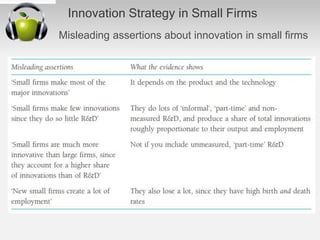 Innovation Strategy in Small Firms
Misleading assertions about innovation in small ﬁrms
 