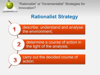 “Rationalist” or “Incrementalist” Strategies for
Innovation?
describe, understand and analyse
the environment;
determine a course of action in
the light of the analysis;
carry out the decided course of
action.
Rationalist Strategy
 
