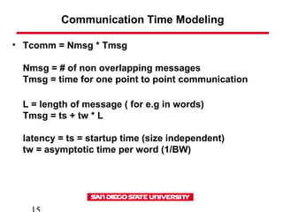 Communication Time Modeling
• Tcomm = Nmsg * Tmsg
Nmsg = # of non overlapping messages
Tmsg = time for one point to point communication
L = length of message ( for e.g in words)
Tmsg = ts + tw * L
latency = ts = startup time (size independent)
tw = asymptotic time per word (1/BW)
 