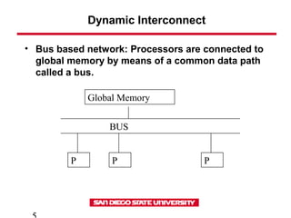 Dynamic Interconnect
• Bus based network: Processors are connected to
global memory by means of a common data path
called a bus.
Global Memory
BUS
P P P
 