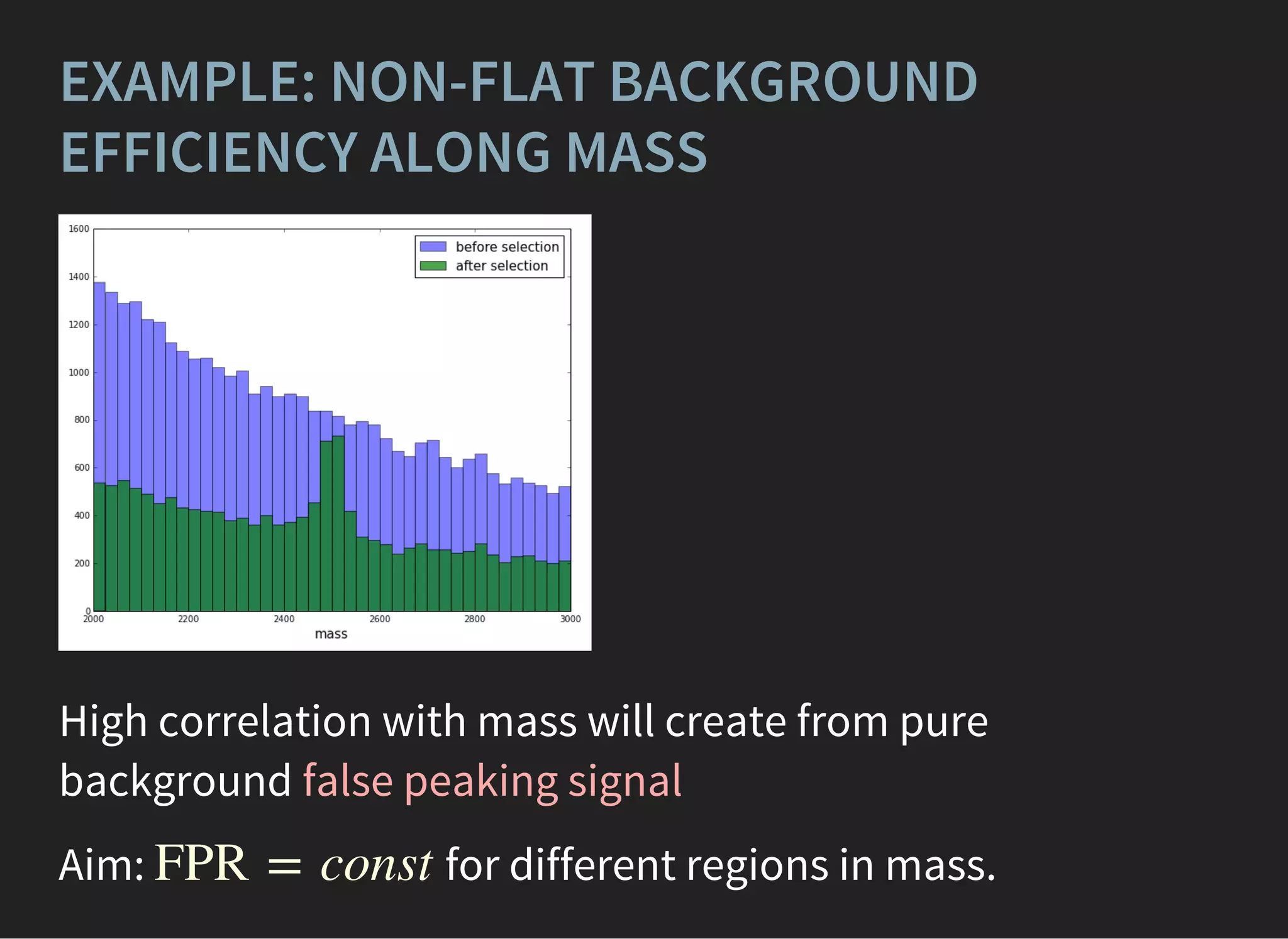 EXAMPLE: NON-FLAT BACKGROUND
EFFICIENCY ALONG MASS
High correlation with mass will create from pure
background false peaking signal
Aim: for different regions in mass.FPR = const
 