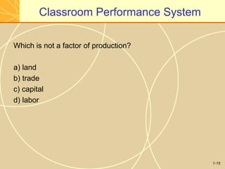 1-15
Classroom Performance System
Which is not a factor of production?
a) land
b) trade
c) capital
d) labor
 