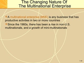 1-30
The Changing Nature Of
The Multinational Enterprise
A multinational enterprise (MNE) is any business that has
productive activities in two or more countries
Since the 1960s, there has been a rise in non-U.S.
multinationals, and a growth of mini-multinationals
 