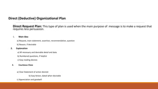 Direct (Deductive) Organizational Plan
Direct Request Plan: This type of plan is used when the main purpose of message is to make a request that
requires less persuasion.
1. Main Idea
a) Request, main statement, assertion, recommendation, question
b) Reason, if desirable
2. Explanation
a) All necessary and desirable detail and data
b) Numbered questions, if helpful
c) Easy reading devices
3. Courteous Close
a) Clear Statement of action desired
b) Easy Action, dated when desirable
c) Appreciation and goodwill
 