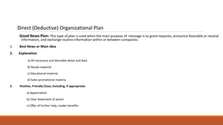 Direct (Deductive) Organizational Plan
Good News Plan: This type of plan is used when the main purpose of message is to grant requests, announce favorable or neutral
information, and exchange routine information within or between companies.
1. Best News or Main Idea
2. Explanation
a) All necessary and desirable detail and data
b) Resale material
c) Educational material
d) Sales promotional materia
3. Positive, Friendly Close, Including, if appropriate:
a) Appreciation
b) Clear Statement of action
c) Offer of further help, reader benefits
 