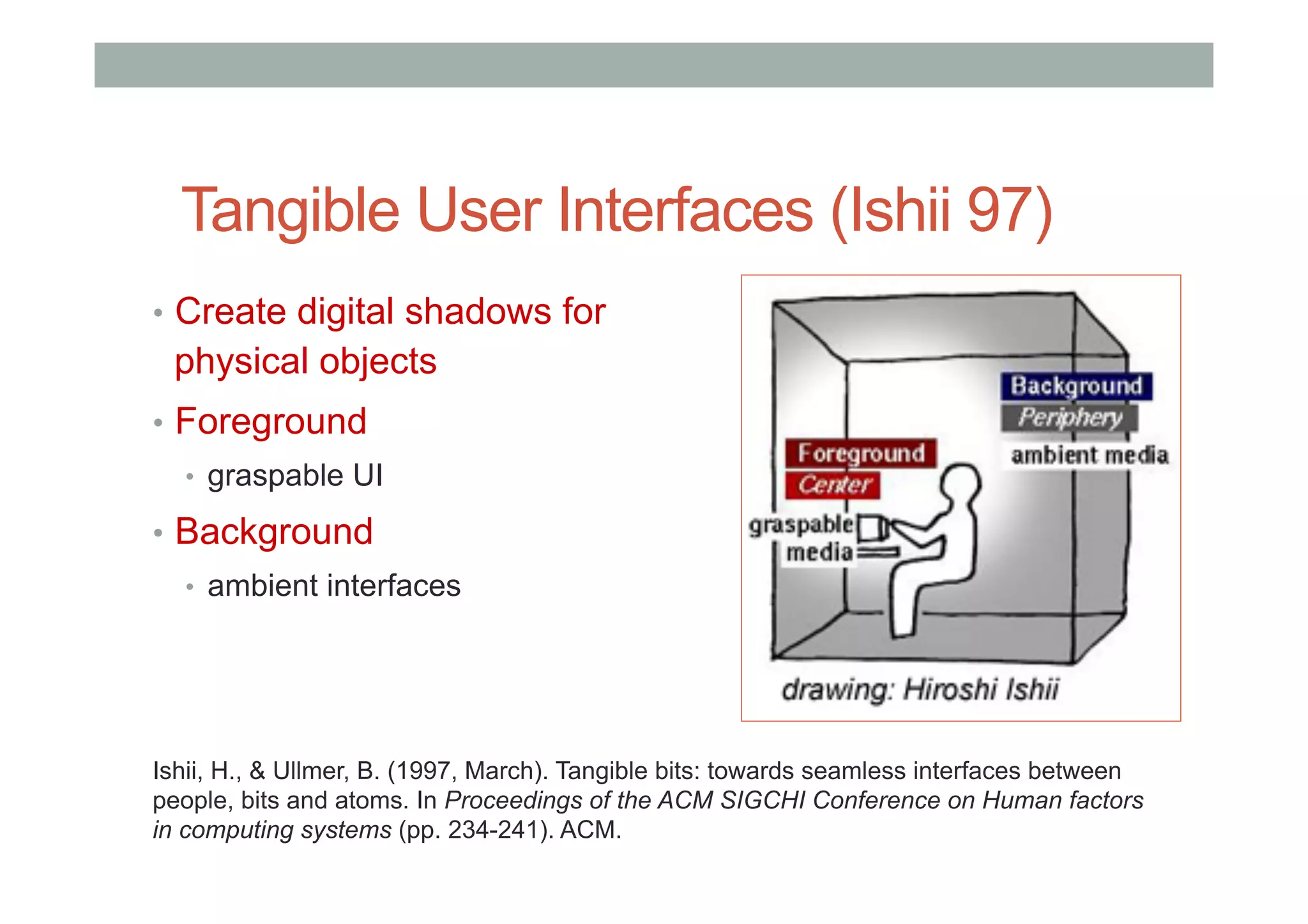 Tangible User Interfaces (Ishii 97)
•  Create digital shadows for
physical objects
•  Foreground
•  graspable UI
•  Background
•  ambient interfaces
Ishii, H., & Ullmer, B. (1997, March). Tangible bits: towards seamless interfaces between
people, bits and atoms. In Proceedings of the ACM SIGCHI Conference on Human factors
in computing systems (pp. 234-241). ACM.
 