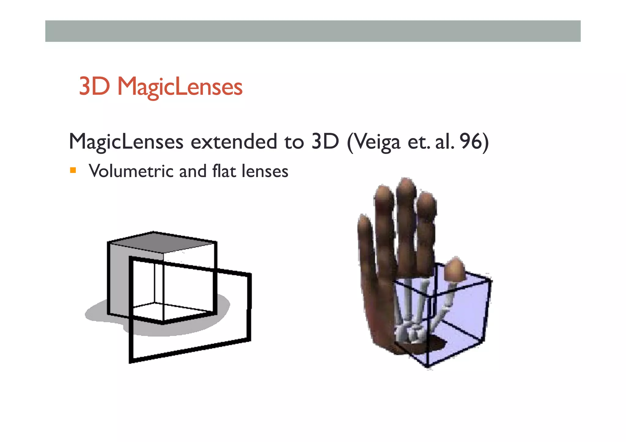 3D MagicLenses
MagicLenses extended to 3D (Veiga et. al. 96)
%  Volumetric and flat lenses
 