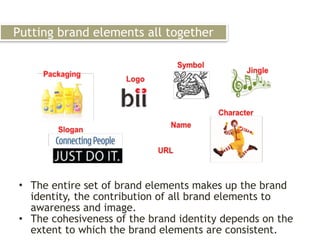 Putting brand elements all together
• The entire set of brand elements makes up the brand
identity, the contribution of all brand elements to
awareness and image.
• The cohesiveness of the brand identity depends on the
extent to which the brand elements are consistent.
 