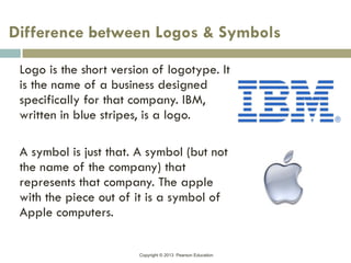 Copyright © 2013 Pearson Education
Difference between Logos & Symbols
Logo is the short version of logotype. It
is the name of a business designed
specifically for that company. IBM,
written in blue stripes, is a logo.
A symbol is just that. A symbol (but not
the name of the company) that
represents that company. The apple
with the piece out of it is a symbol of
Apple computers.
 