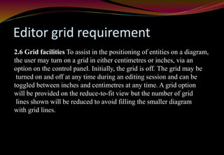Editor grid requirement
2.6 Grid facilities To assist in the positioning of entities on a diagram,
the user may turn on a grid in either centimetres or inches, via an
option on the control panel. Initially, the grid is off. The grid may be
turned on and off at any time during an editing session and can be
toggled between inches and centimetres at any time. A grid option
will be provided on the reduce-to-fit view but the number of grid
lines shown will be reduced to avoid filling the smaller diagram
with grid lines.
 