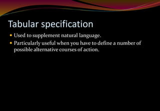 Tabular specification
 Used to supplement natural language.
 Particularly useful when you have to define a number of
possible alternative courses of action.
 