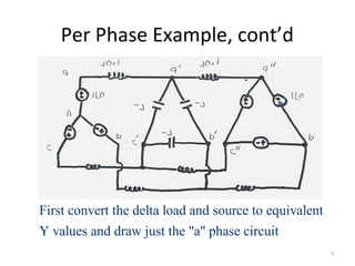 Per Phase Example, cont’d
First convert the delta load and source to equivalent
Y values and draw just the "a" phase circuit
7
+-
 