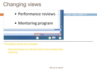Changing views
Get up to speed
You need to change
your view often in
PowerPoint, and
you’ve always done it
easily by using
buttons.
That hasn’t changed.
Click this button to refit the slide to the window after
zooming.
The picture shows the changes:
 