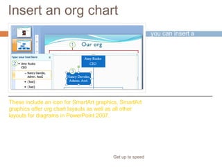 Insert an org chart
Get up to speed
As you saw earlier,
you can insert a
picture and other
graphics by using
icons in the Title and
Content layout.
These include an icon for SmartArt graphics. SmartArt
graphics offer org chart layouts as well as all other
layouts for diagrams in PowerPoint 2007.
 