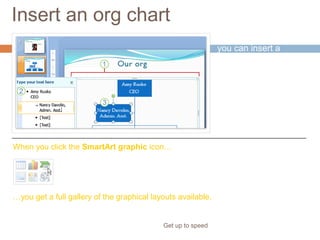 Insert an org chart
Get up to speed
As you saw earlier,
you can insert a
picture and other
graphics by using
icons in the Title and
Content layout.
When you click the SmartArt graphic icon…
…you get a full gallery of the graphical layouts available.
 