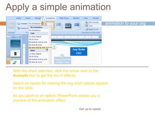 Apply a simple animation
Get up to speed
To apply a simple
animation to your org
chart, go to the
Animations tab.
With the chart selected, click the arrow next to the
Animate box to get the list of effects.
Select an option for making the org chart pieces appear
on the slide.
As you point to an option, PowerPoint shows you a
preview of the animation effect.
 