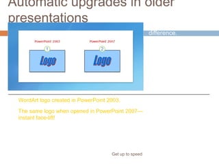 Automatic upgrades in older
presentations
Get up to speed
The picture shows the
difference.
WordArt logo created in PowerPoint 2003.
The same logo when opened in PowerPoint 2007—
instant face-lift!
 